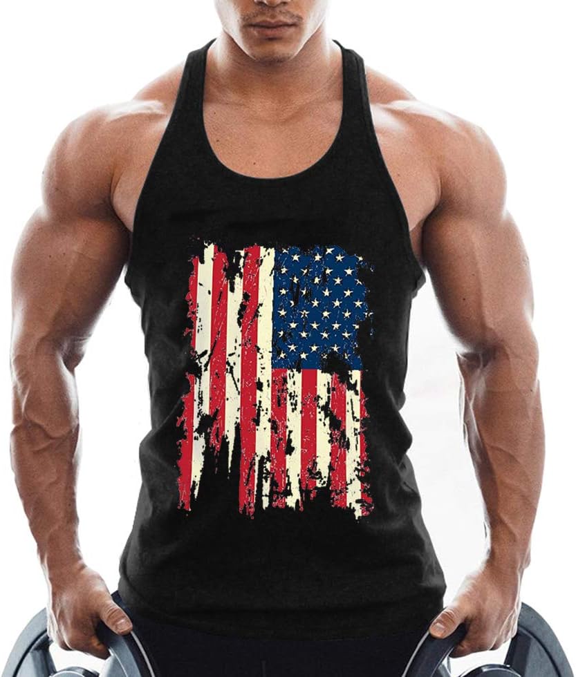 CuifutangMen Tank Top American Flag Fitness Bodybuilding Cotton Gym Tops Stringer Muscle Tank Top Y Back