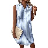 chouyatou Women's Striped Button Up Polo Shirt Mini Dress Business Casual Sleeveless Tunic Shift Short Dress