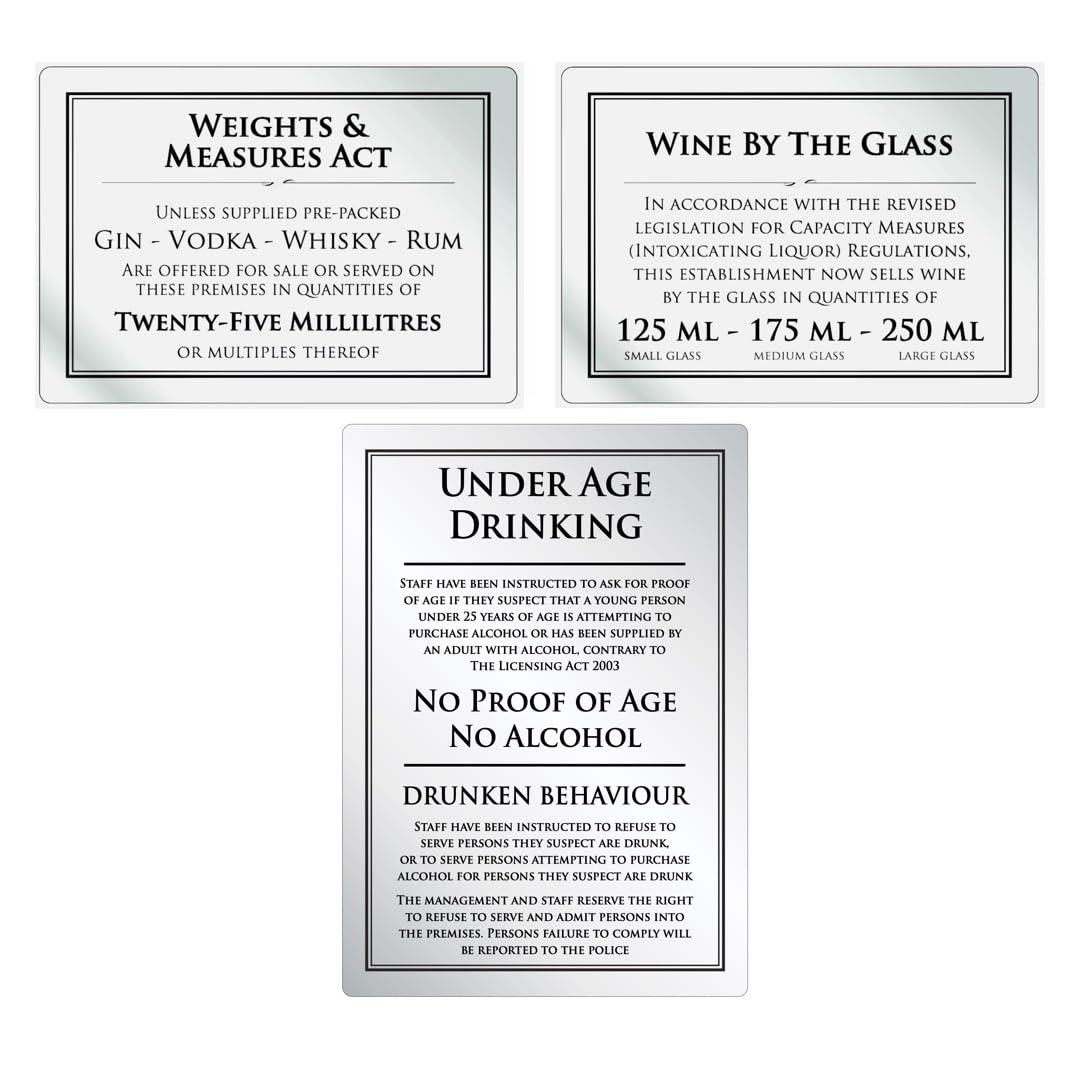 Bar Licensing Pack - Essential Law Signs for Weights & Measures Act 3 Black Silver Signs for Wine by the Glass (25ml, 125ml, 175ml, 250ml) and Under Age Law