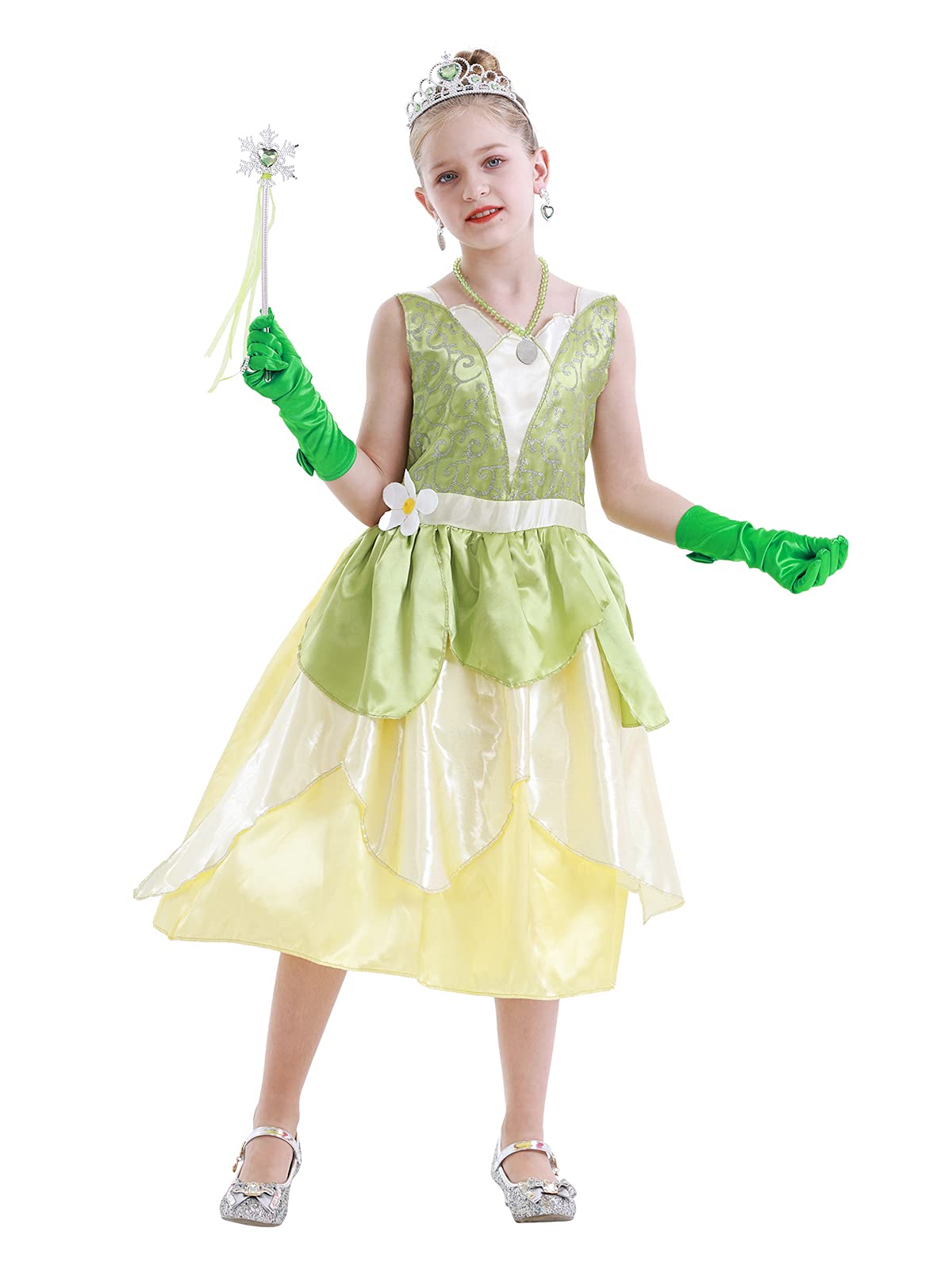 Princess Tiana Costume for Girls Green Frog Dress Kids Dress Up Fancy Halloween Birthday Party Fairy Outfits 3-8T