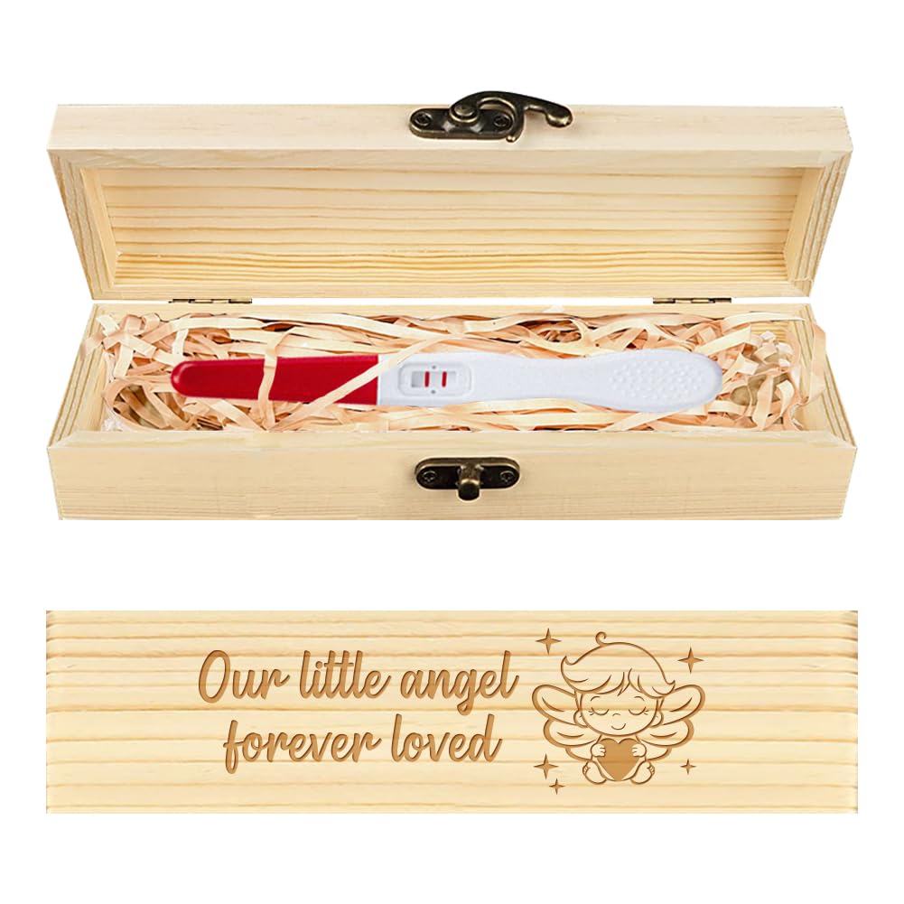 CHGCRAFT Pregnancy Test Keepsake Box Angel Wooden Pregnancy Test Gift Box with Raffia Ribbon and Lock Announcement Gifts for Dad Husband Parents, 8x2x1.2inch