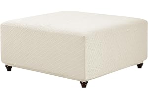 ANWUCHEN Ottoman Cover Square-Stretch Knitted Jacquard Ottoman Cover -Soft Square Ottoman Covers Slipcover -Thick Storage Ottoman Cover Foot Stool Cover with Elastic Bottom Large White