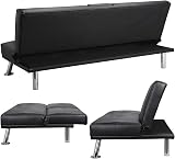 Yaheetech Faux Leather Click Clack 3 Seater Sofa Bed with Cup Holders Black view 9