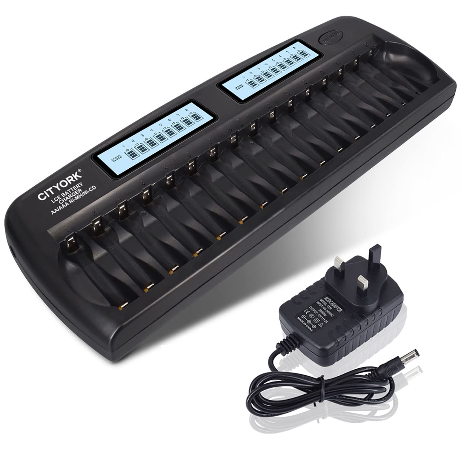 CITYORK 16 Slot Smart AA/AAA Battery Charger Built-in IC Protection for AA/AAA NiMH/NiCd Rechargeable Batteries with Discharge Function & LCD Display