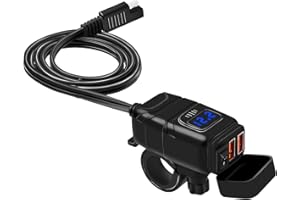Vemote Motorcycle Phone Charger USB, Waterproof 6.8A Dual Port QC3.0 Fast Charging, Quick Disconnect SAE USB Adapter, Voltmeter, ON/Off Switch&Fuse for Phone,Tablet. (7/8inch Handlebar, Blue)