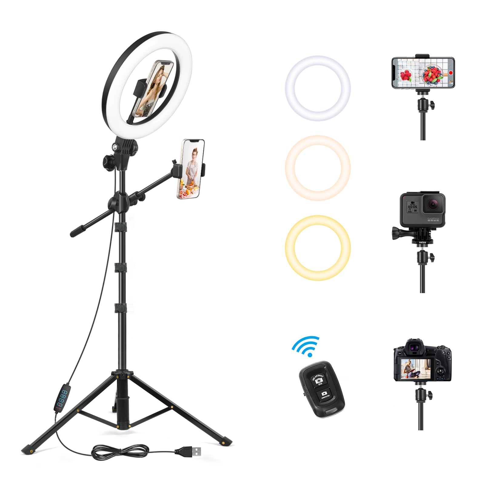 LUXSURE 10.5" Ring Light with Tripod Stand & Phone Holder, Overhead Phone Mount with Features 2 Shooting Positions,Tripod for iPhone with Light, Ringlight Tripod Stand for Live Streams,Cooking,CRI>95