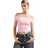 SUUKSESS Women Double Lined Off The Shoulder Tops Sexy Y2k Slim Fitted Going Out Basic Shirts (Blush, M)