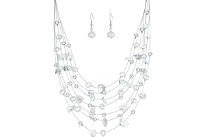 ERRALLY Multi-Layer Boho Shell Beaded Necklace for Women Colorful Crystal Strand with Silver Beads Statement Collars Necklace and Earrings Costumes Jewelry Sets for Women