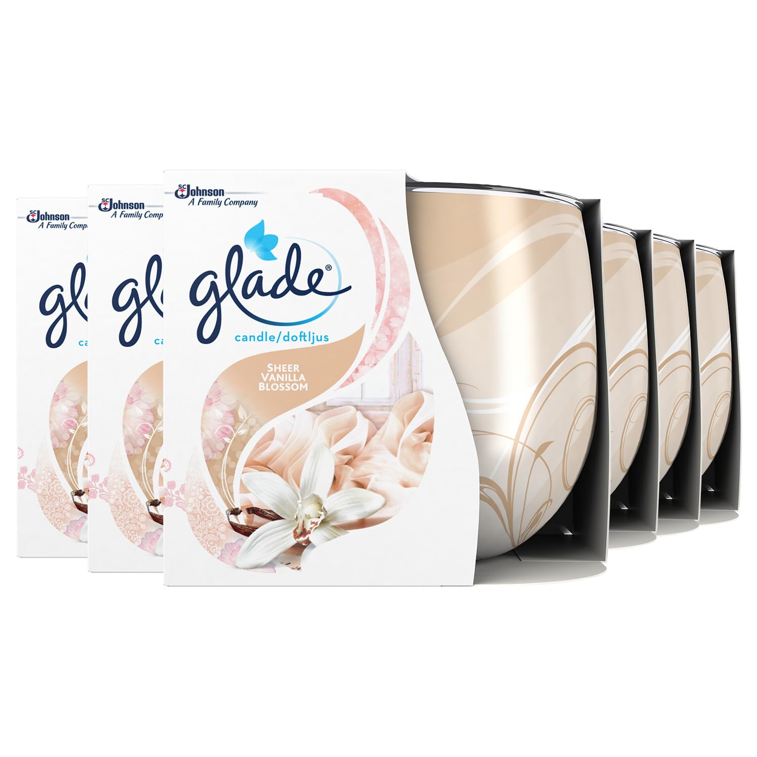 Glade Jar Candle, Scented Candle Infused with Essential Oils, Up to 31 Hour Burn Time, Vanilla Blossom, Pack of 6 (6 x 120g)