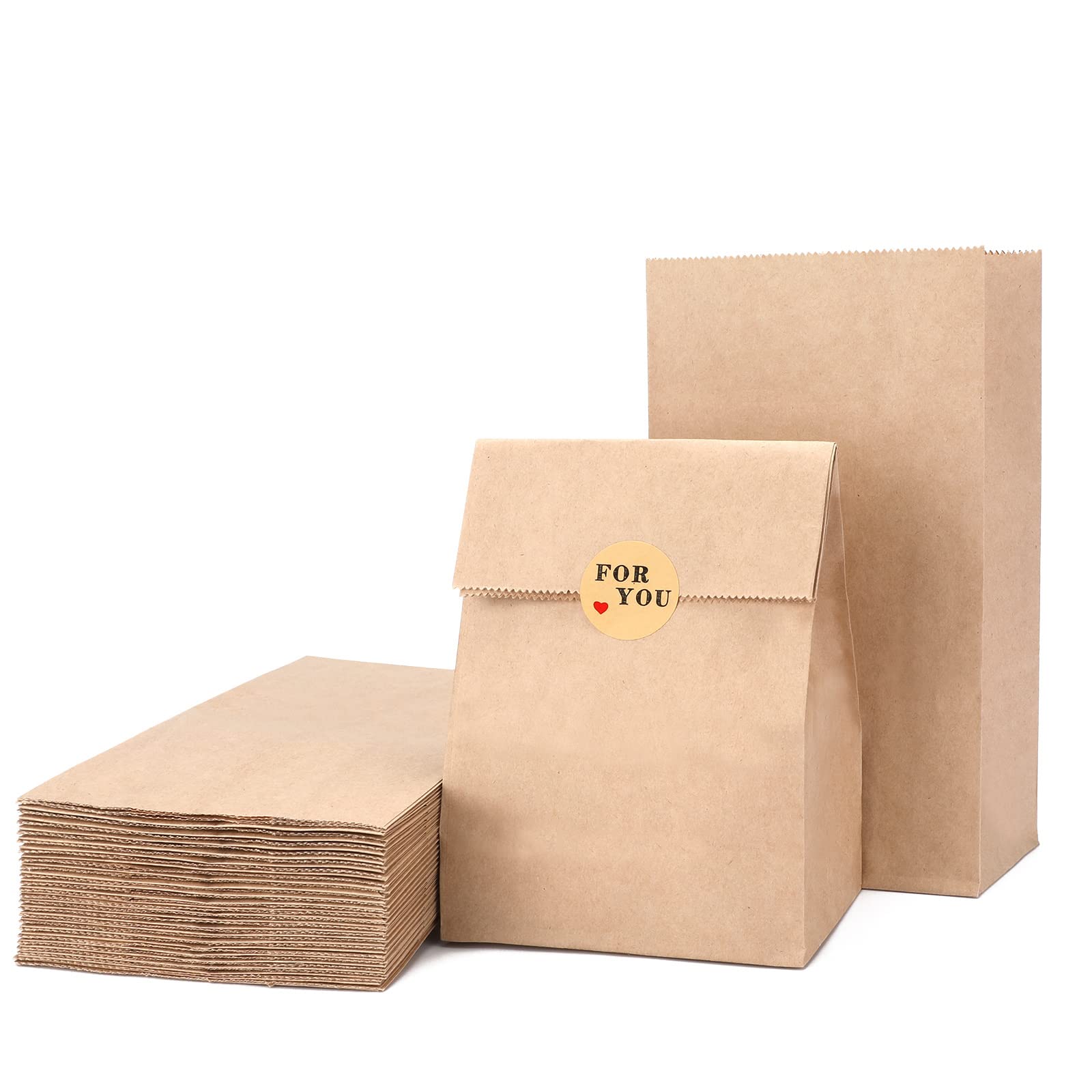 G2PLUS 50 Brown Kraft Bags - 13x8x24 CM Medium, Candy Paper Bags with Stickers for Snack, Birthday, Wedding, Easter & Xmas Party