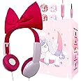 charlxee Priness Bots Wired Kids Headphones with Mic for School/Travel,95dB Volume Limited,Shareport,On/Over Ear Bow Headsets with Nylon Cable (Rose)