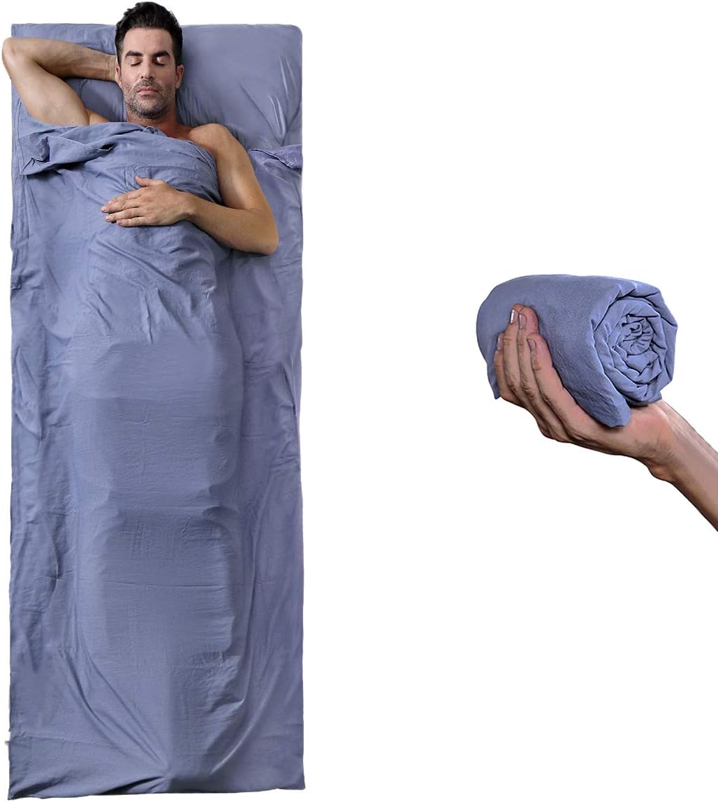 Coowas Sleeping Bag Liner, Lightweight Travel Sheet Made of 100% Cotton, with Buttons, Elastic Band and Zippers, a Pillow can Put Inner Sleeping Bag Liners, Suitable for Travel, Hotel, Camping, Blue