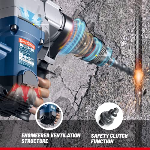 DongCheng 1-1/8Inch SDS Plus 9.2Amp Heavy Duty Power Electric Rotary Hammer Drill, Demolition Hammer for Concrete,Safety Clutch,with 3pcs Drill Bits,Flat Chisels,Point Chisels,Model#DZC03-28 (EA-03)