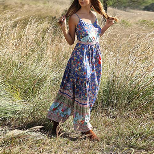 Women's Summer Long Dresses Casual Bohemian Empire Waist Pleated Maxi Dress Halter Beach Swing Flowy Dresses (Blue4, L/US:8)