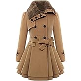 Sexyshine Women's Winter Faux Fur Lapel Double-Breasted Trench Coat A-Line Thick Slim Flared Wool Blend Pea Coat Jacket