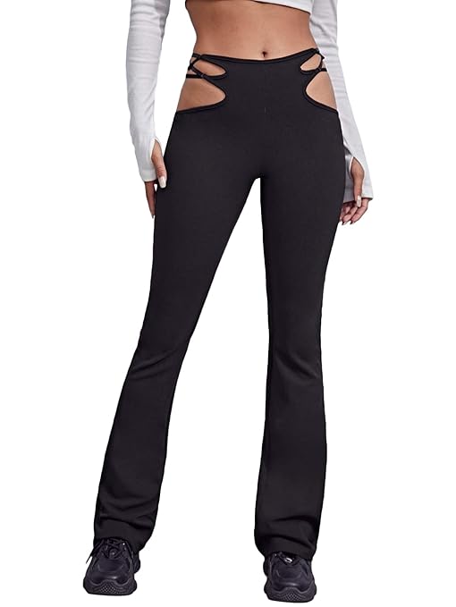 Buy SOLY HUX Women's Elastic Waist Cut Out Side Flare Leg Pants
