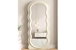 AyeWish Oversized Wavy Full Length Mirror, Floor Mirror, Wave Mirror, Standing Mirror, Giant Tall Mirror, Wall Mounted, Large Mirror, 71"×30", Flannel Frame, No Stand- Beige White