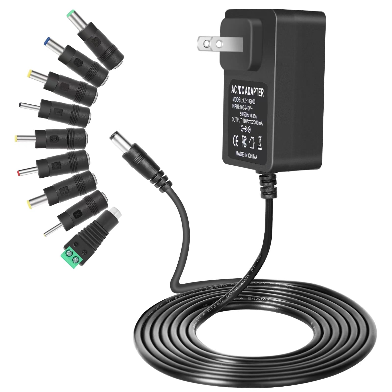 Photo 1 of 10V 2A,1.8A, 1.5A, 1A,0.5A Power Supply,10V Charger 2A 24W Maximum DC Power Cord Adapter, with 9 Replacement connectors 100V-240V Input Adapter American Wall Plug.