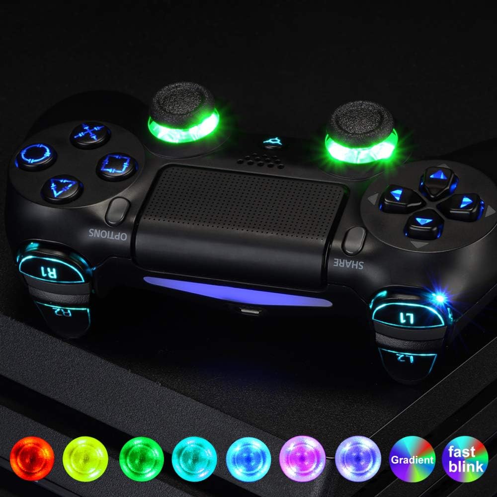 eXtremeRate LED Botones para Mando PS4 Botón de D-pad L1 R1 R2 L2 Joysticks Home Face Multicolores Teclas DTFS(DTF 2.0)Kit para PS4 Controlador CUH-ZCT2 DIY 7 Áreas en 10 Colores Modos-Símbolo Clásico