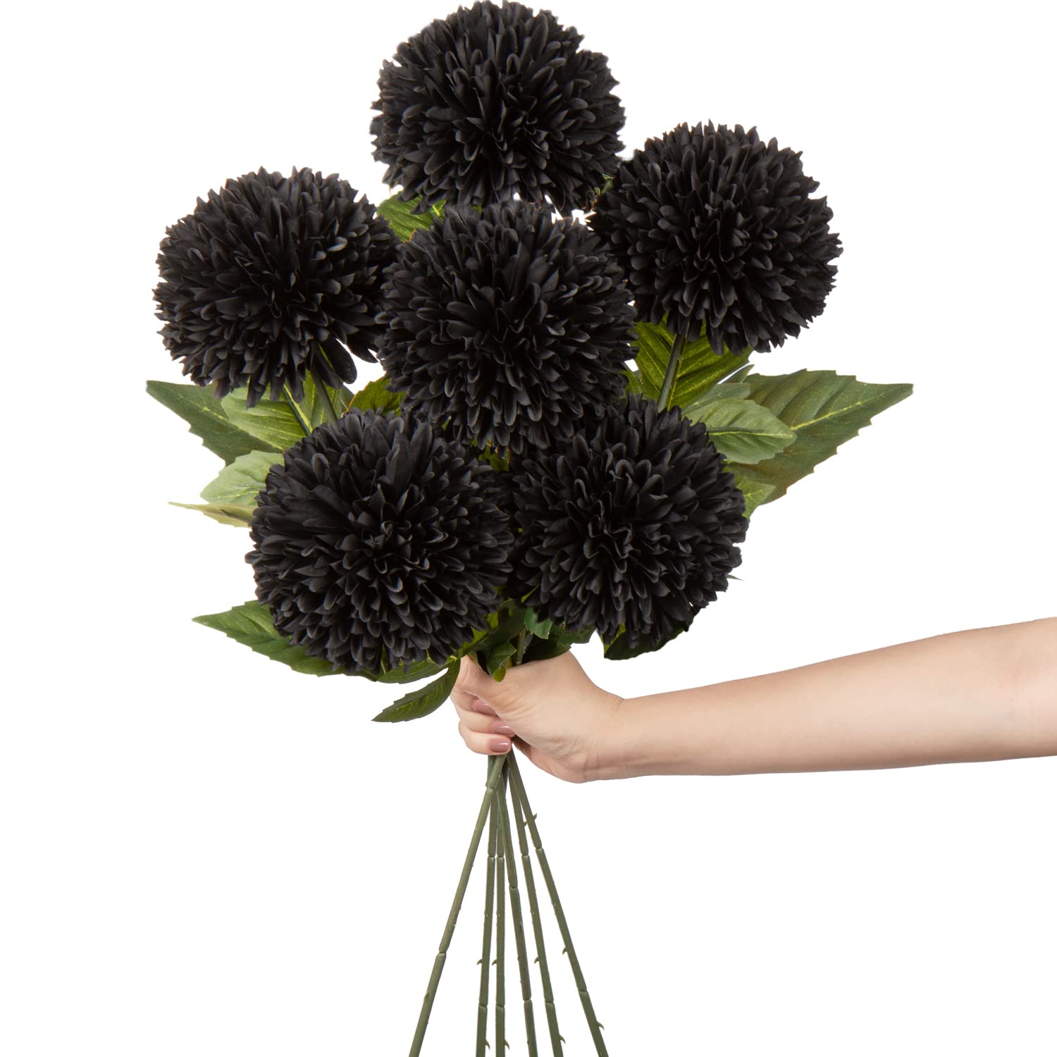 Hollyone 4'' Large Artificial Chrysanthemum Flowers with 24.7'' Long Stem, 6 pcs Black Fake Silk Flowers Faux Ball Flower for Home Decor, Bridal, Wedding, Party, Garden, Floral Arrangement