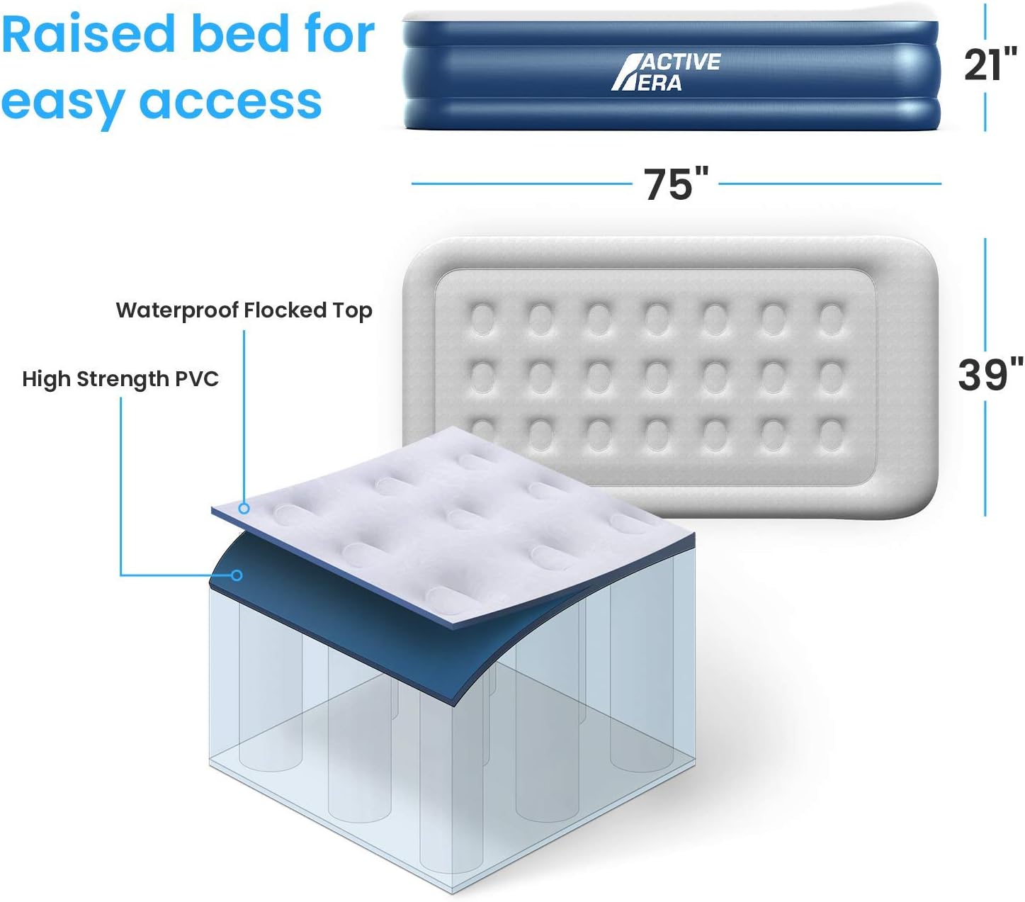 Active Era Premium Twin Air Mattress (Single) with Built-in Pump and Raised Pillow - Elevated Inflatable Airbed 75" x 39" x 18" - Puncture Resistant Airbed with Waterproof Flocked Top : Sports & Outdoors