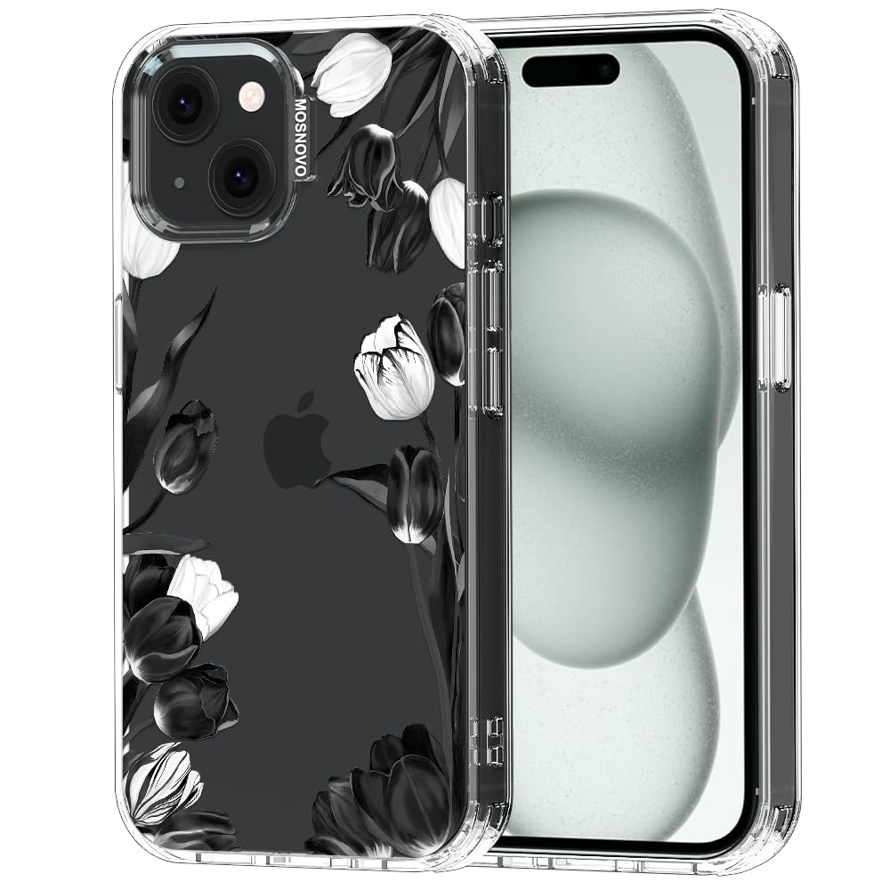 MOSNOVO Case for iPhone 15 Plus / 14 Plus [Buffertech 6.6ft Military-Grade Drop Protection] [Anti Peel Off Tech] Clear TPU Bumper Phone Case - Black White Tulips — image 1