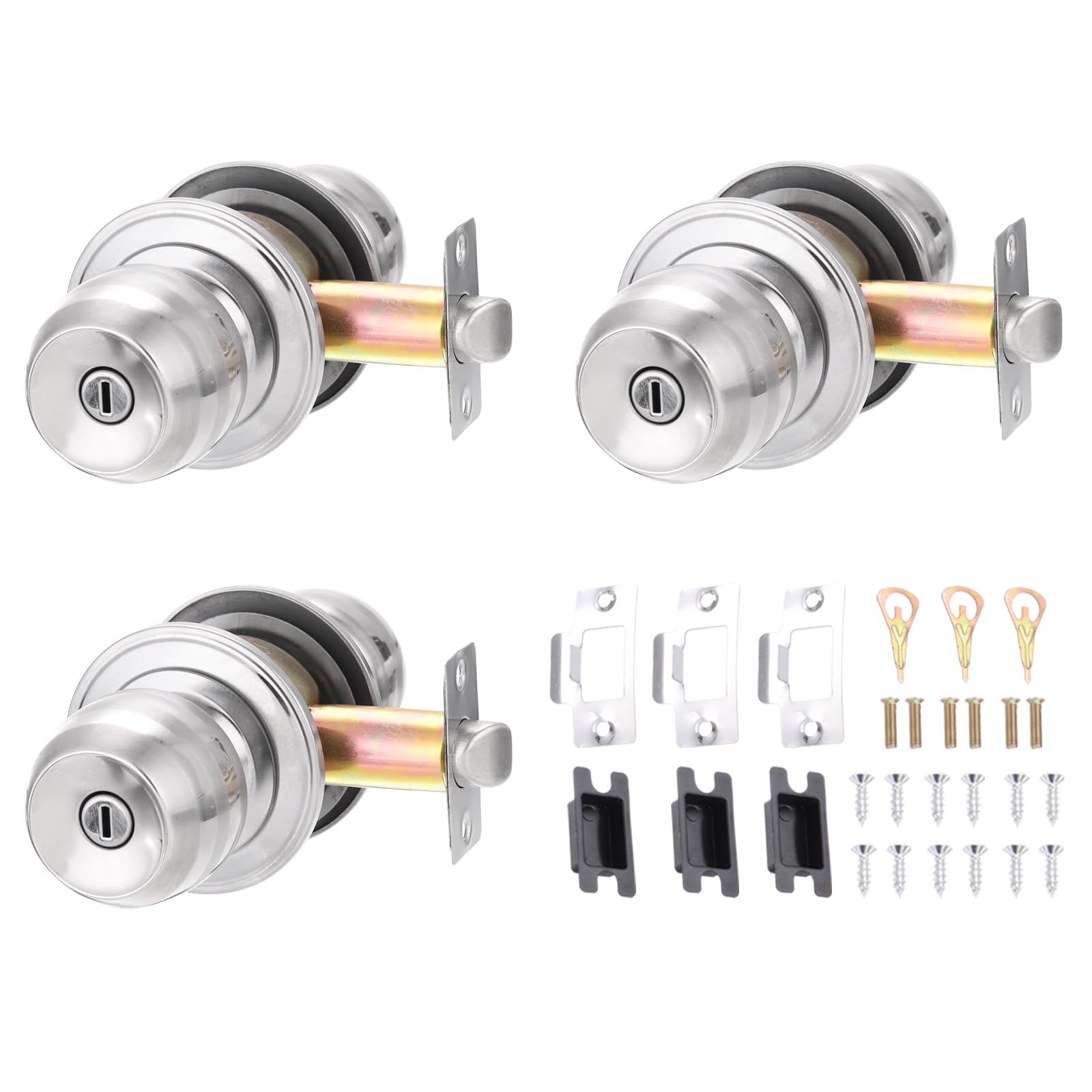 PATIKIL Privacy Keyless Door Knobs Interior 70mm/2.8inch, 3 Pack Round Stainless Steel Bedroom Bathroom Door Knob with Lock Entry Indoor Outdoor Door, Silver