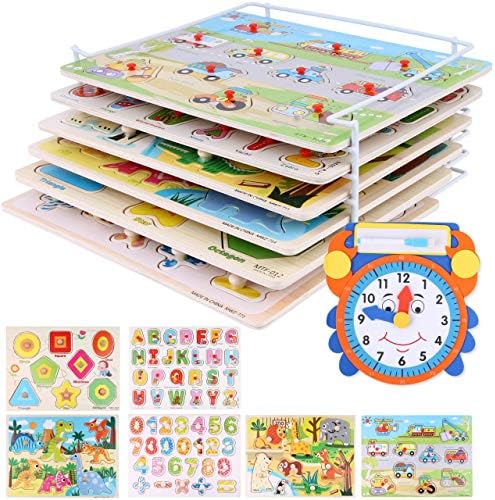 Wooden Toddler Puzzles and Rack - (6 Pack) Bundle with Storage Holder Rack and Learning Clock - Kids Educational Preeschool Peg Puzzles for Children Babies Boys Girls - Alphabet Numbers Zoo Cars Sha