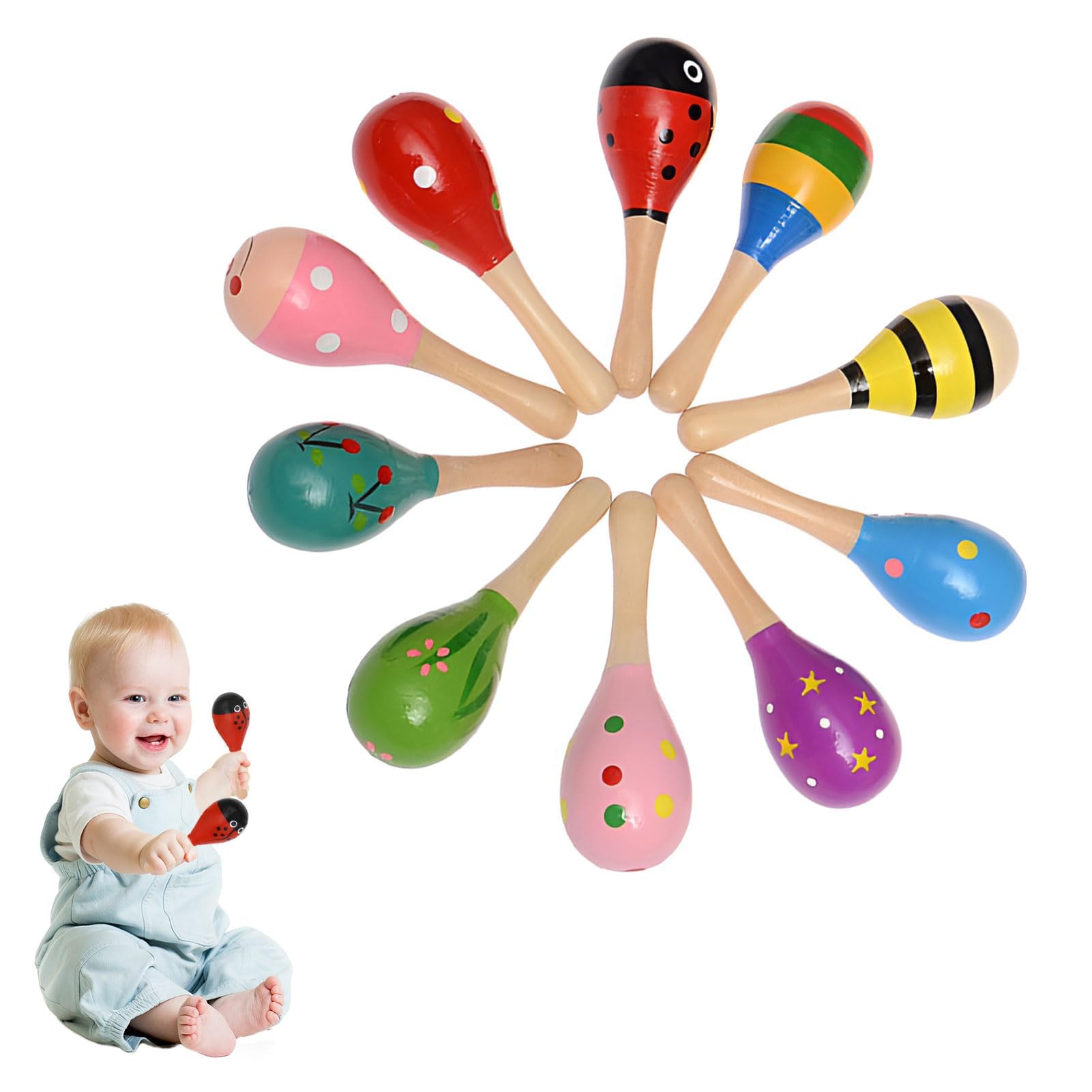 Wooden Baby Maracas - 4 Pcs Colorful Shakers, Sensory Musical Instrument for Party Favors, Classroom Prize Supplies