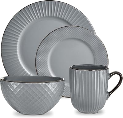 Tower Empire 16 Piece Dinnerware Set Stoneware Grey and Brass