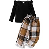 FOCUTEBB Little Girls Clothes Cute Toddler Fall Winter Outfits Ruffle Long Sleeves Shirt Plaid Pants Set with Belt 3 Pcs 2-7Y