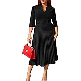 Ekaliy Women's V Neck Business Casual Shirt Dress for Women 3/4 Sleeves Pleated Midi Dresses with Belt
