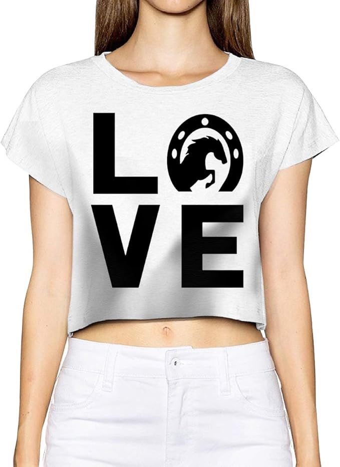 Love Horses Women's Short Sleeve Crop TShirt Tops Loose Fit Tee Clothing