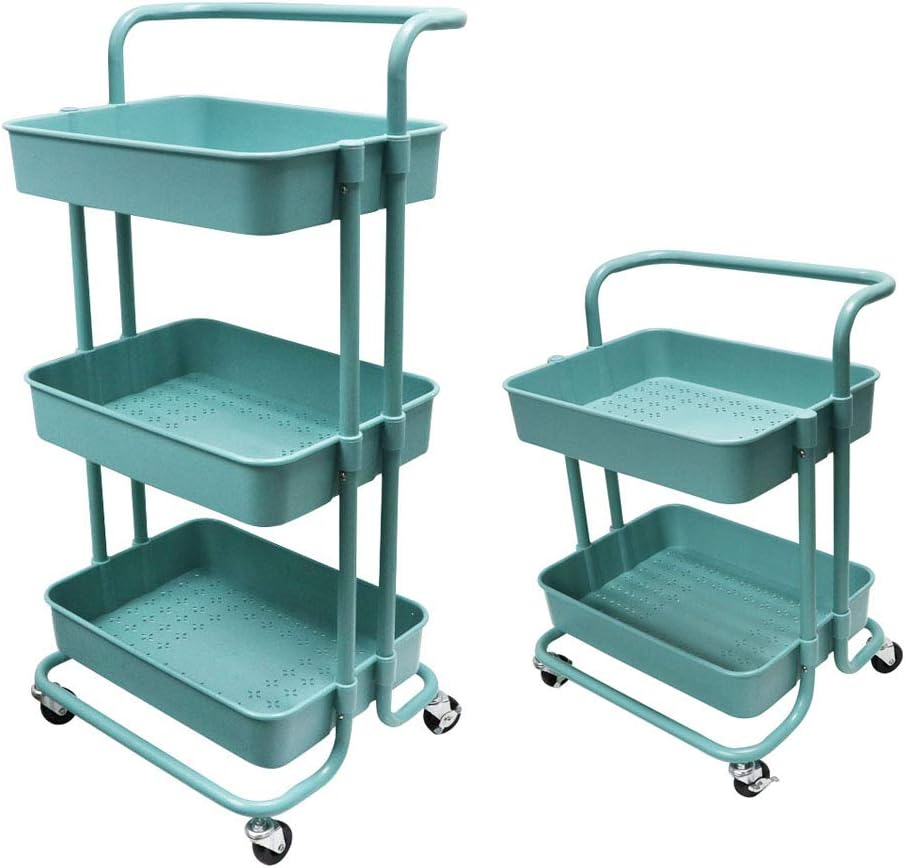 3-Tier Blue Rolling Cart, Storage Rolling Cart Craft Cart, Metal Frame ABS Baskets Storage Shelves with Handles, Storage Organizer for Kitchen Living Room Bathroom Office (Blue)