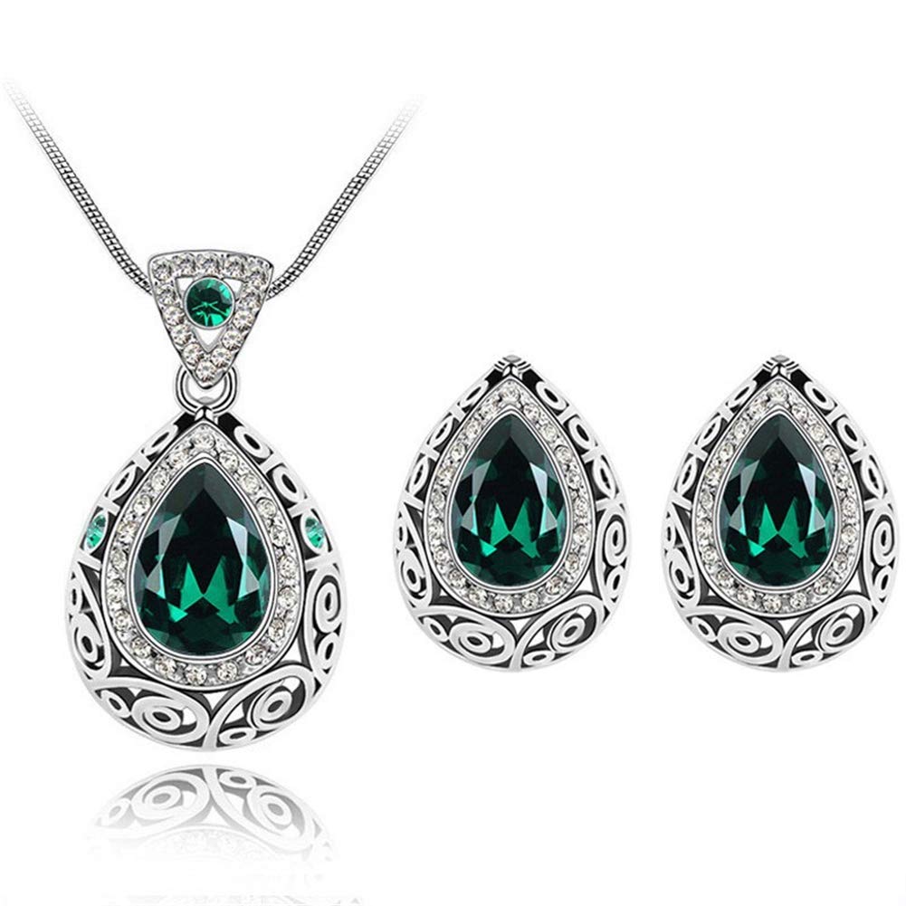 AILUOR Waterdrop Crystal Jewelry Set, Retro Vintage Celtic Knot Waterdrop Green Gemstone Water Drop Pendant Necklace Stud Earrings Jewelry Set for Women Mother Bridal Wedding (Green)
