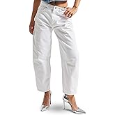 IT'S BASIC Cropped Barrel Jeans Women Relaxed Fit White Denim Mid Rise Wide Leg Jeans for Women, Trendy White Wide Leg Pants
