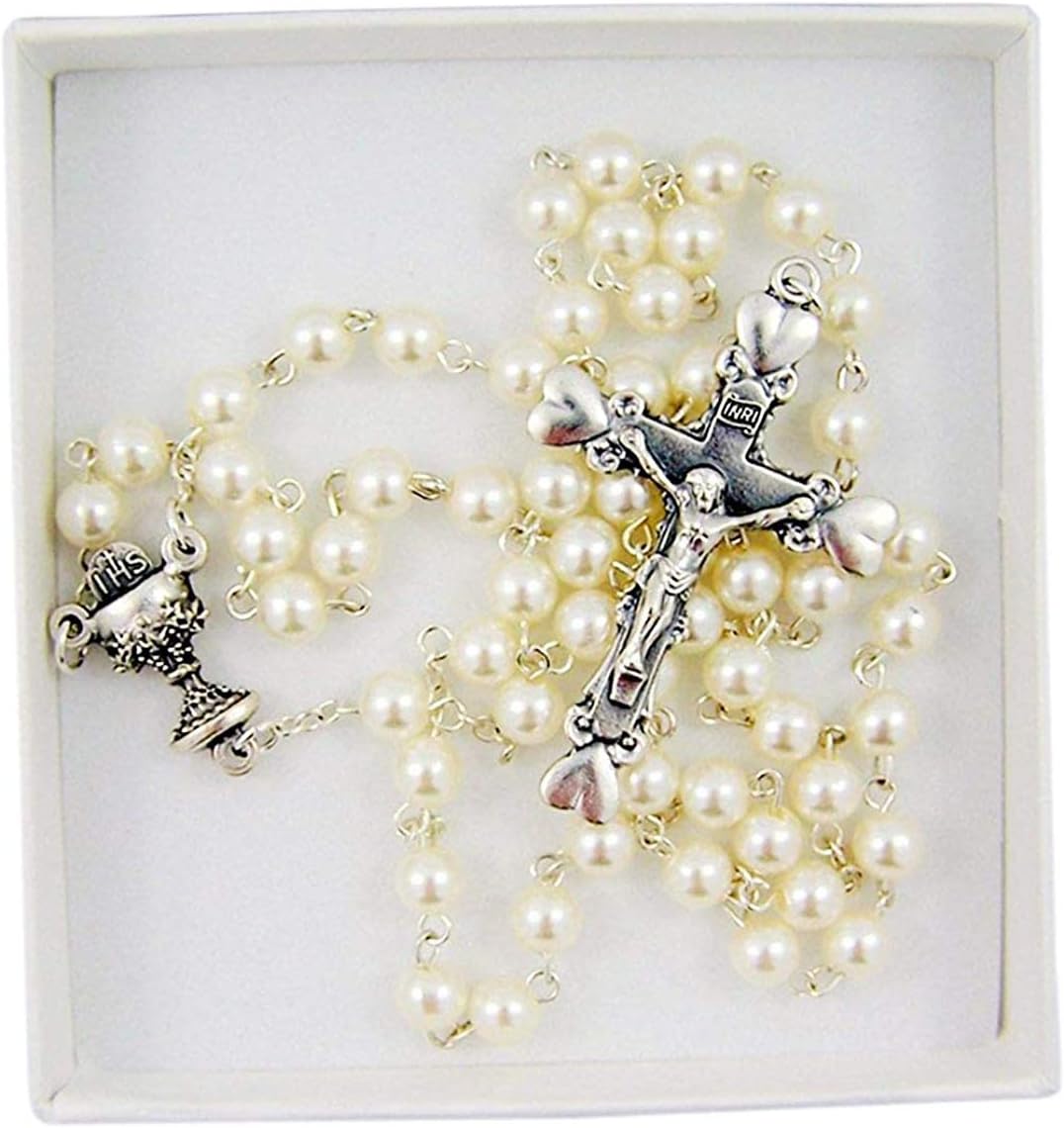 First Communion 5mm Imitation Pearl Bead with IHS Chalice Centerpiece and Heart Crucifix, 24 Inches