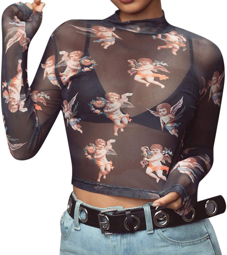 Angel Print Sexy Sheer Mesh Crop Top for Women Short Sleeve Mock Neck Blouse Tee Shirts Slim Fit