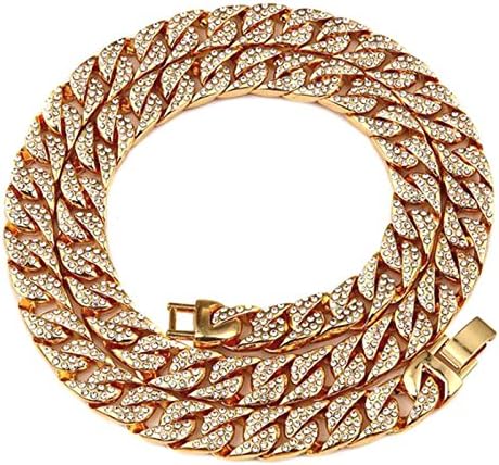 Unisex Necklaces, Coolzdt Full Diamond Alloy Rhinestone Chain Necklace Bracelet Jewelry Set for Men Women, 14mm Width, 29.92"/7.87" Length (Necklace)