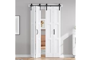 FREDBECK 48in X 84in (for 4 Doors 12x84) White Bi fold Barn Door Bifold Doors with 52" Hardware Track Kit Included,Solid MDF with Water-Proof PVC Surface for Closet,Assembly Required