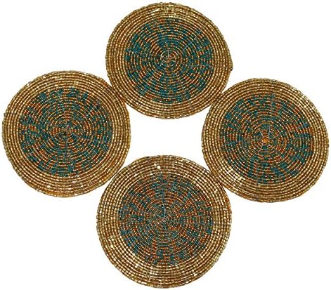 Mothers Day Sale Offer Set of 4 Handmade Multicolor Beaded Tea Coasters - Placemats for Tea Cups 4 Inches - Set of Drink Coaster absorbent - Christmas Gift with WOODEN KEYRING