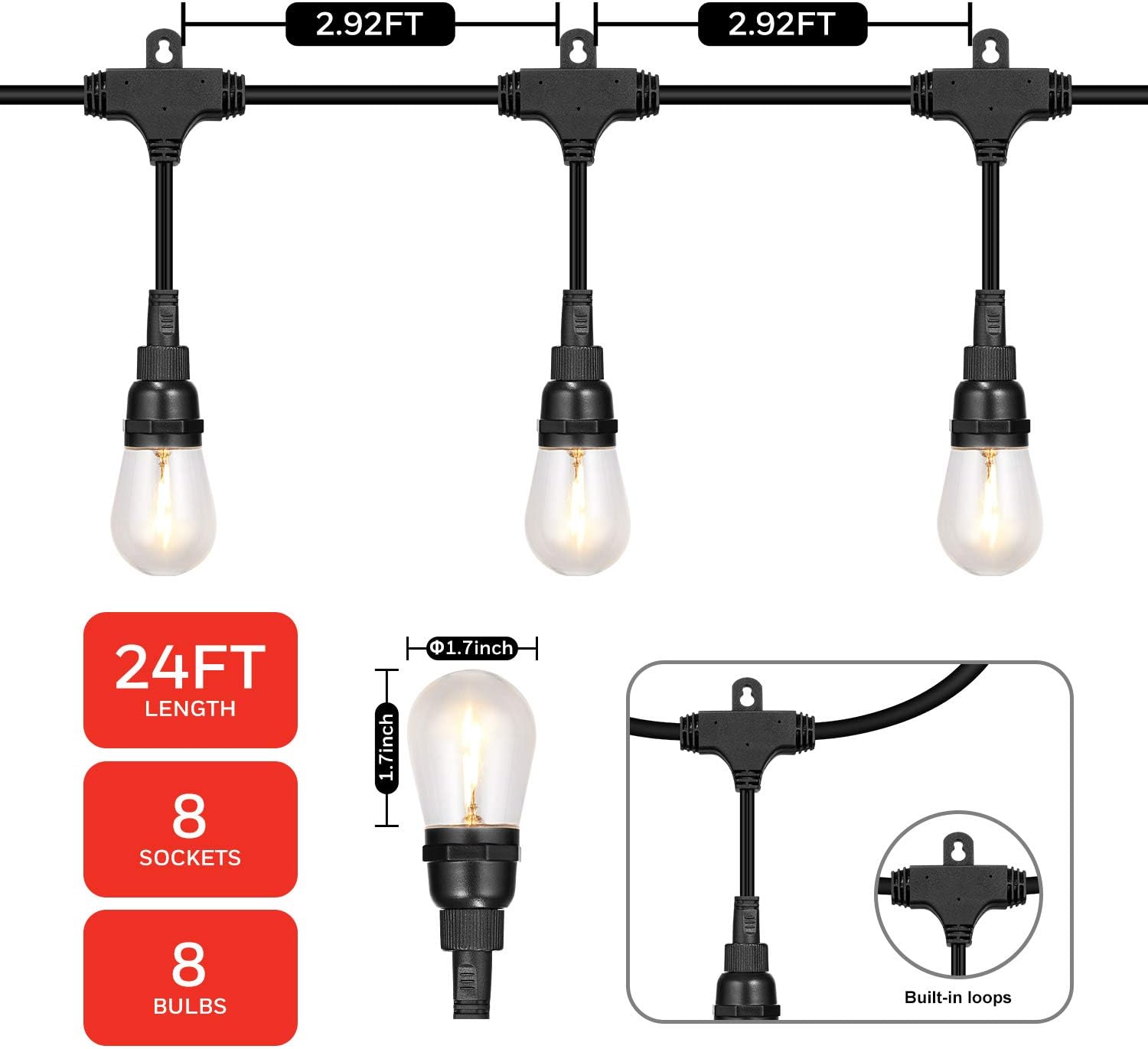 Honeywell LED Outdoor String Lights, 24 FT Commercial Grade Patio