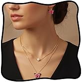 Urieo Butterfly Necklaces for Women, Pink Choker Necklace and Earrings Set, Pearl Charms Layered Necklace