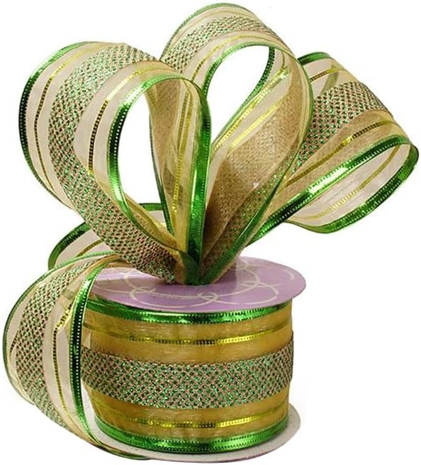 Bows & Ribbons - Green Striped Wired Christmas Ribbon - 2 1/2