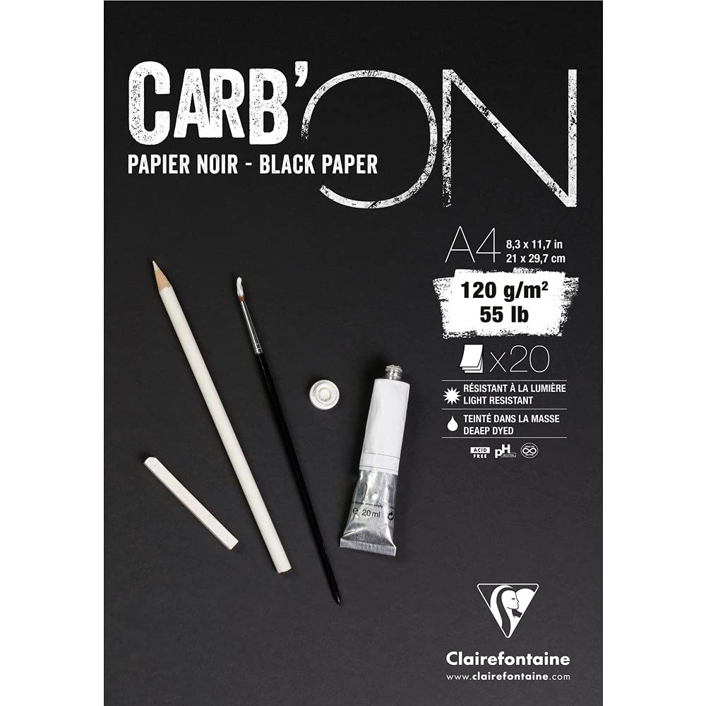Clairefontaine - Ref 975039C - Carb'On Black Glued Paper Pad (20 Sheets) - A4 (297 x 210mm) Sized, 120gsm Paper, Acid Free, pH Neutral - Suitable for Pencil, Felt Tip, Chalk