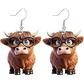 Highland Cow Earrings for Women - 2D Unique Glasses Flower Head Dangle Acrylic Statement Sunflower Bow Animals Earrings for Holiday Gifts