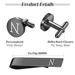 LOYALLOOK Black Initial N Cufflinks and Tie Clip