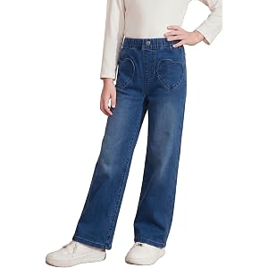blibean Girls High Waist Straight Leg Jeans Heart Pockets Size 6-15 Years | Cute Heart Patch Pockets ,Kids School Casual Deni