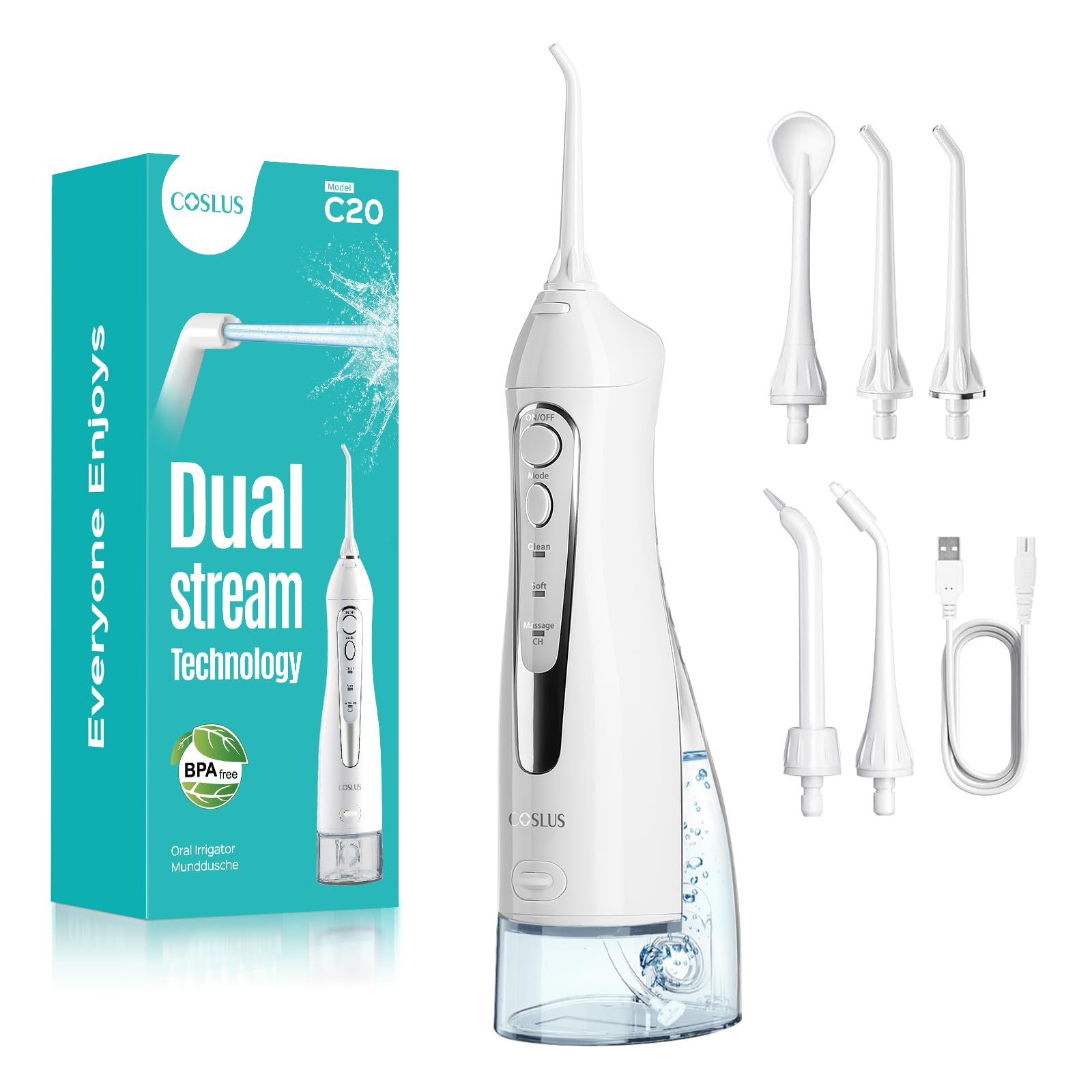 COSLUS C20 Water Dental Flosser Teeth Pick: 2026 Upgraded Portable Cordless Oral Irrigator 300ML Rechargeable Travel Irrigation Cleaner IPX7 Waterproof Flossing Machine for Teeth Cleaning