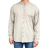 Civilian Irish Grandfather Collarless Shirt, Cotton and Linen Long-Sleeve Traditional Irish Shirt (Stone, Small)